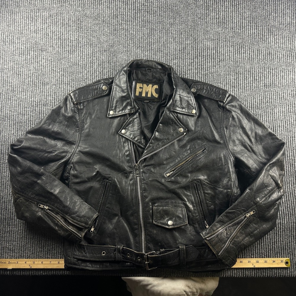 FMC Mens Vintage Black Leather Motorcycle Jacket Double Rider Biker Belted 46